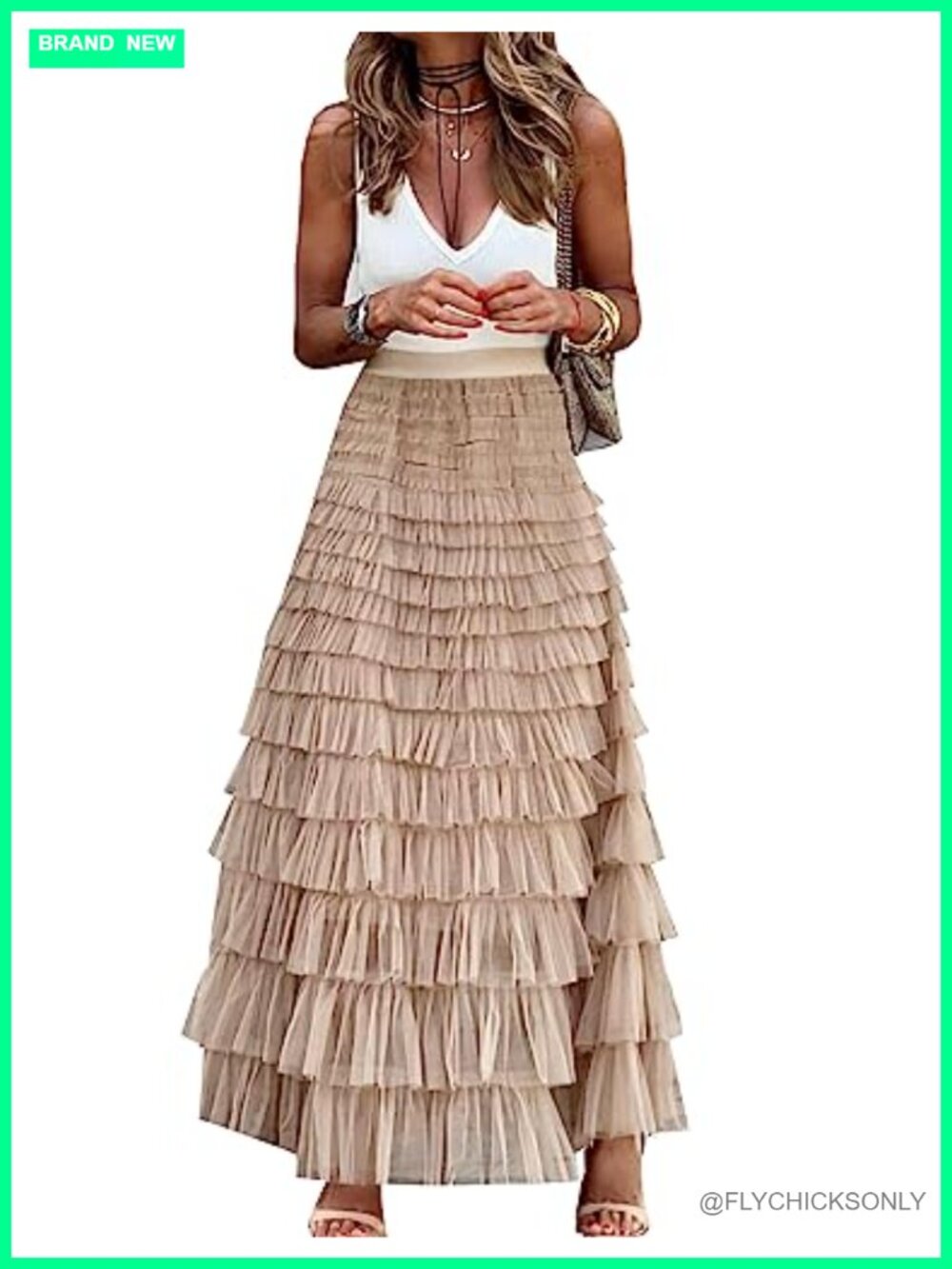 Womens Long Maxi Tulle Skirt A-Line Ruffle Mesh High Waisted Tiered Layered